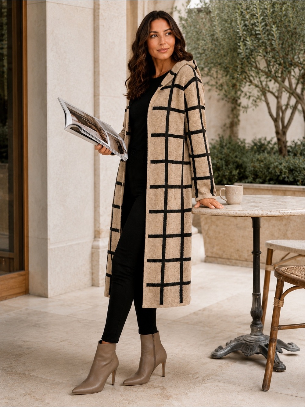 Long Hooded Grid-Pattern Cardigan - Camel/Black Size S - Picture 3 of 8